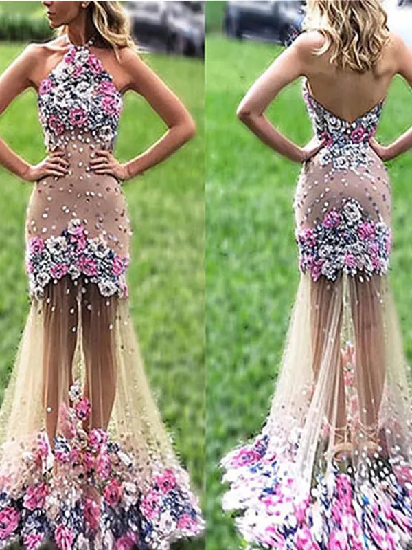 Unique Handmade Flowers Halter Mermaid Charming Beading Yarn Skirt Evening Prom Dresses. DB0112