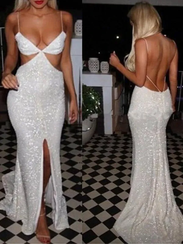 Unique Popular Sexy Spaghetti Straps Backless Sparkly Sequined Split Front Long Mermaid Prom Dress,PD0145