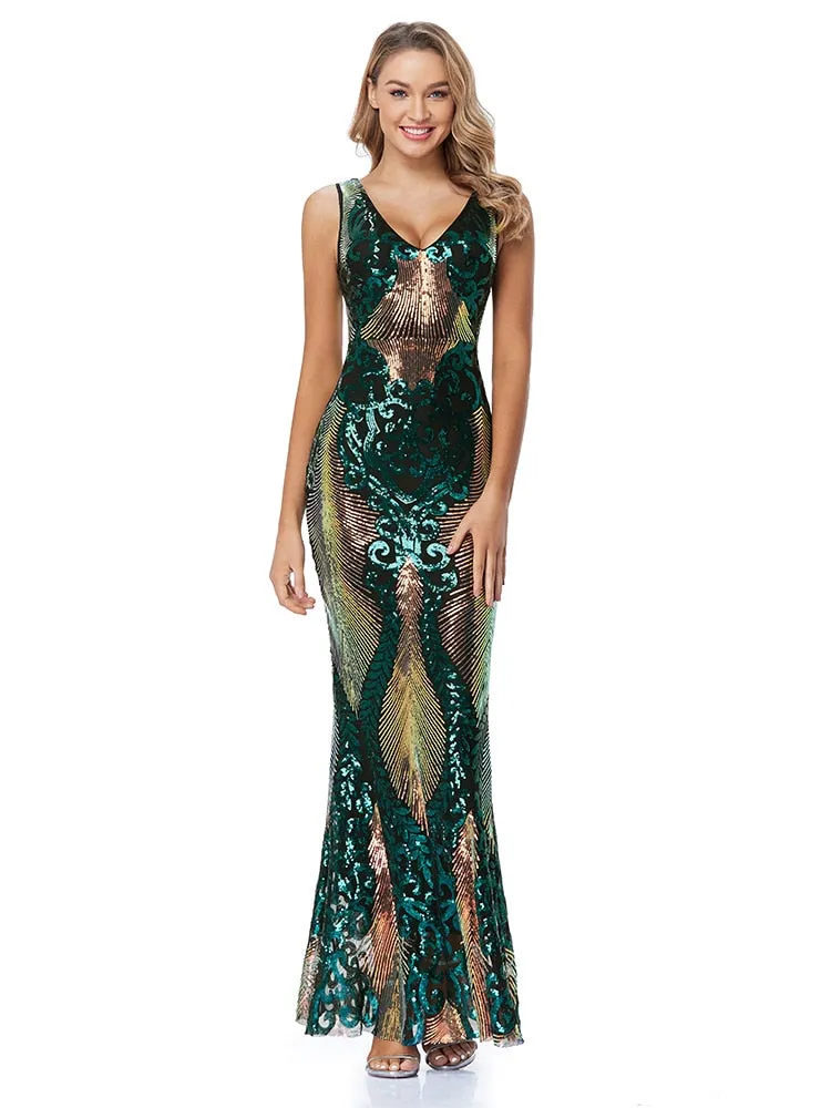 V Neck V Back Sleeveless Formal Dress Sequins Women Evening Floor Length Party Prom Dresses