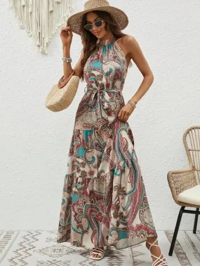 women's printed dress Bohemian retro zipper floor-length