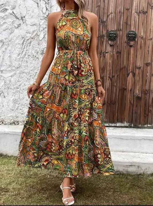 women's printed dress Bohemian retro zipper floor-length