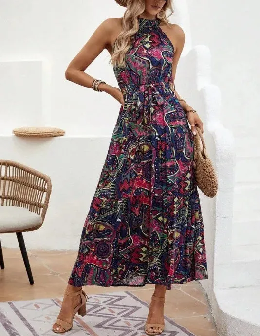 women's printed dress Bohemian retro zipper floor-length