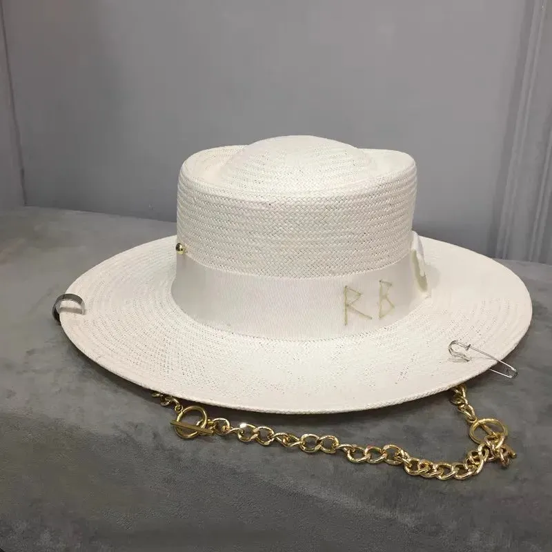 Women's Summer Casual White Chain Pin Solid Pattern Fedora Hat