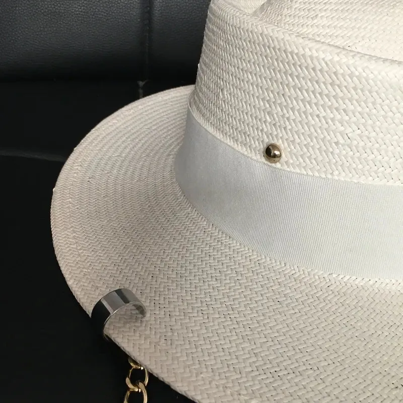 Women's Summer Casual White Chain Pin Solid Pattern Fedora Hat